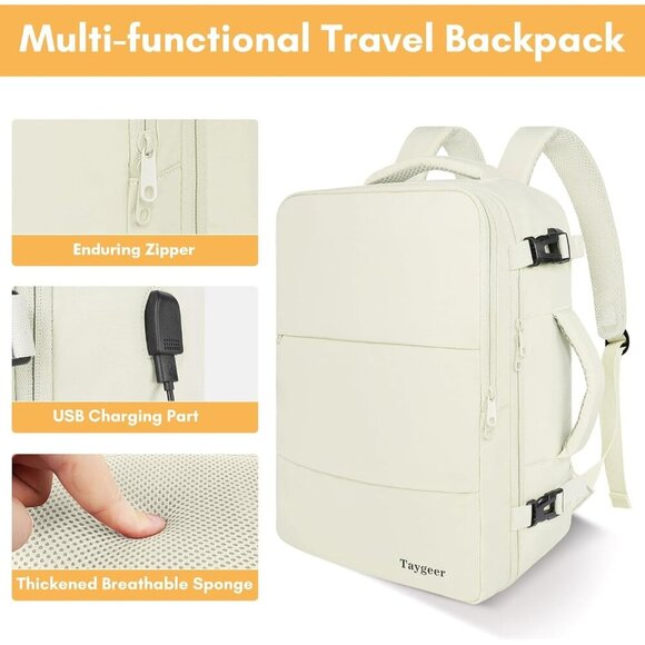 〽️Women Trendy Carry On Backpack Cream with USB Charging Port & Shoe Pouch